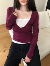 Poin Deep V-Neck Button-Sleeve Long-Sleeve T-Shirt