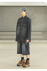 リラックスウォッシュドデニムポケットロングシャツ MSFST001-BK