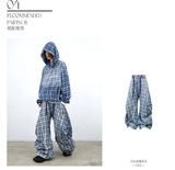 RELABEL (Gemeng) スタッドエンベリッシュドプリントグラディエントウォッシュチェックフードデニムスウェットシャツ