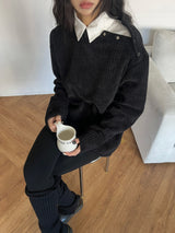 [UNISEX] オーバーフィット ベロア オフショルダー ダブルスナップボタン ロングスリーブ ニットT(4 colors)