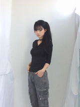 Lace V-Shirring Dot Top