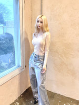シルバーコーティングデニムロウワイドパンツ