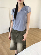 Holka メッシュキャップスリーブハーフジップアップ半袖フード付きTシャツ