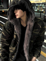Dark camo semi-crop hooded fur jumper! + dark brown fur trim.