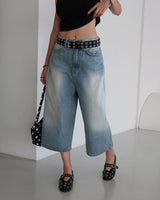 ライトブルースリークウォーターカプリバミューダワイドデニムパンツ