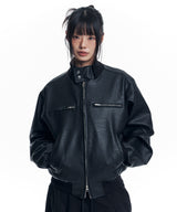 High Neck Leather Crop Jacket - Black