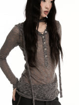 CONFUN Silver Striped Micro Transparent Flowing Long Sleeve Polo Shirt