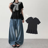 Dot Hem Frill Short-Sleeved Long T-Shirt (4 colors)