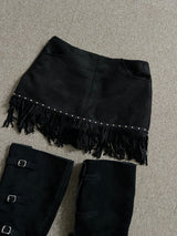Arven Western Fringe Suede Metal Studded Mini Skirt (2 colors)