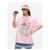 BETWEENAND xsunonebird Summer Loose Printed Top Two Color Pure Cotton Round Neck Short Sleeve T-shirt for Women