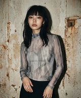 8287 Graffiti Logo Sheer Long Sleeve Turtleneck Top (Gray)