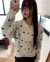 ジュピポルカドットラウンドネックロングスリーブニットカーディガン