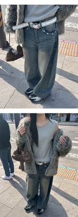 [Unisex] バックレザーポケットワイドパンツ
