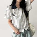 Med Two-Way Line Coloring Short Sleeve Collar Zip-Up