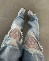 Lace torn jeans. Wide jeans