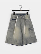 Kelu Vintage Washing Strap Cargo Denim Bermuda Half-Length Pants