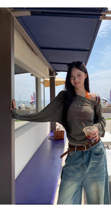 ルーズフィットオフショルダーレイヤードセットロングスリーブTシャツ