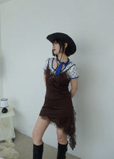 レースサテンアンバランススリップミニドレス (BROWN)