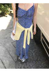 blue floral sleeveless chiffon long dress