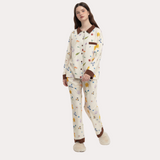 オータム ブラウン リーフアンドフローラル プリント パジャマセット - 100% Brushed Cotton Plush Sleepwear