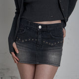C SQUARE STUD DENIM MINI SKIRT_BLACK