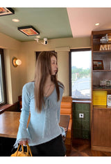 Sky V-neck Lace Bow Long Sleeve T-shirt