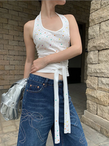 カラーハートビーズホルターネックスリーブレスTシャツ