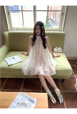 Lemon tea halterneck flare sleeveless dress
