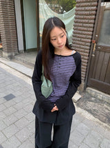 シャバニンストライプヘンリーネック長袖Tシャツ