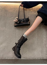 Vintage-Style Genuine Lambskin Mid-Calf Biker Boots with Belt Detail