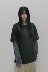 レイヤードストライプTシャツ チャコール