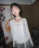 (2color) Ditsy Floral Lace Neck Long Sleeve Tee [Scarf Set]