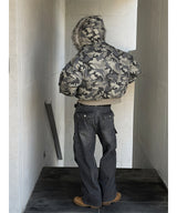[Unisex] Camo crop fur hood jumper