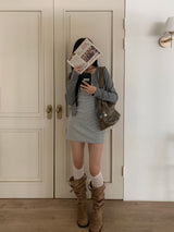 Light Hour ストライプノースリーブドレス & シルバーボタンカーディガン 2-piece Set (Gray)