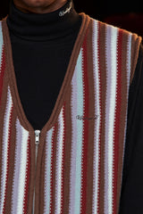 STRIPE ZIP KNIT VEST / BROWN