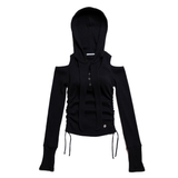 OFF SHOULDER HOODED LONG SLEEVE BLACK