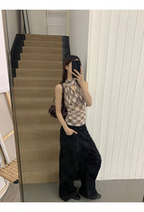 chiffon checkered halter neck sleeveless blouse top