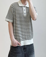 Windy Buckle Stripe Collar Short Sleeve Knit