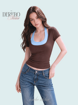 Blue Halter Brown Short-Sleeved T-shirt