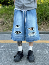 Double destroyed denim bermuda pants 1C