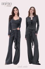 Royal Charcoal Frill Training Three-Piece Setup (Cardigan+Sleeveless+Pants)