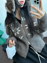 スノーフラワーカラーノルディックツーウェイジッパーニットジップアップ❤🖤🤎🩶🤍5カラー