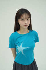スパークプリントスリムTシャツ [アクアブルー]