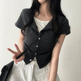 Dove Side Shirring Pleated Layered Snap Short-Sleeved Cardigan T-Shirt