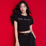 NICOLE PINTUCK CROP TEE_BLACK