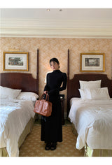 Half Turtleneck Black Flared Long Dress