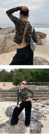 Camo plage back strap long-sleeve zip-up T-shirt