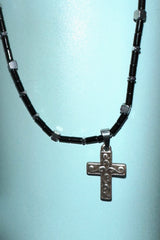 Black silver natural stone cross necklace