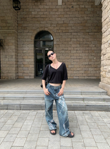 diamond bow wide denim pants