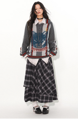 Loose lapel, raglan sleeve, color-blocked striped, cut-out printed sweater